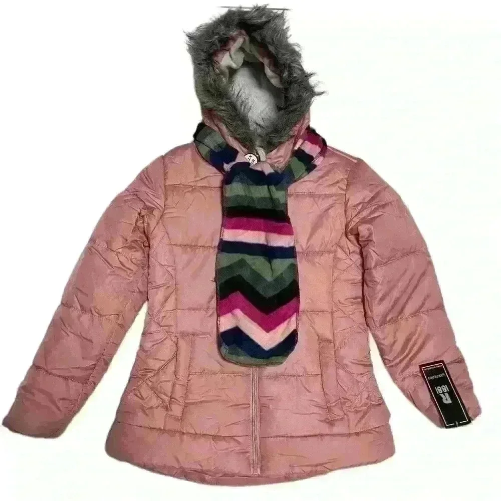 S Rothschild & CO Big Girls Solid Quilted Puffer Jacket and Scarf Set M 10/12